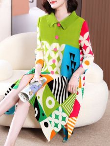 Nova quality⭐One person one pleat ⭐​​Miyake pleated lapel high-end dress mom temperament spring women new fat mm loose pleated printed shirt skirt