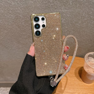 Luxury Diamond Bling Leather Phone Case For Samsung S25 Ultra S24 Plus S23 S22 S21 S25U Bling Glitter Protection Cover Strap