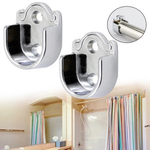 2PCS Clothes Rail Closet Rail Curtain Rod Round Tube Closet U Shaped Rod Supports Pole Sockets