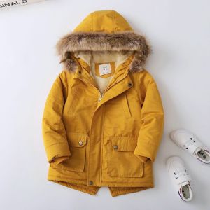 Áo parka bé trai lót lông 4-10 tuổi cúc đồng hàng xuất khẩu Áo khoác cho bé mũ lông kiểu dáng khỏe khoắn