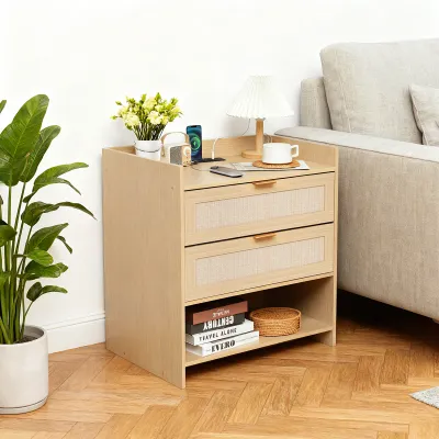 Rattan Nightstand Farmhouse Bedside Table with 2 Storage Drawer and Open Wood Shelf for Bedroom and Small SpacesNight Stand with Solid Wood Legs