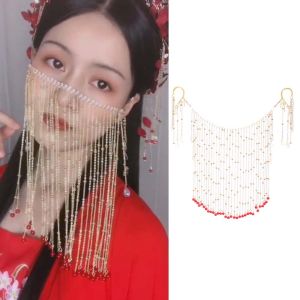 XUEWENQIAN Girls Temperament Chain Hanging Ear Alloy Tassel Veil Hanfu Headdress Hair Accessories Cover Face Jewelry