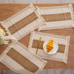 30*50cm Hemp Rope Rattan Placemat Holiday Placemat Woven Color Matching Stripes Fringed Bowl Mat for Dining Table