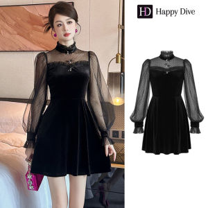 Happy Diva เดรสผู้หญิง เดรสสีดำ เดรสทรงเอ เดรสกำมะหยี่ เดรสทำงาน เดรสไฮโซ เดรสวินเทจ เดรสออกงาน เดรสปาร์ตี้ ชุดราตรี 80381