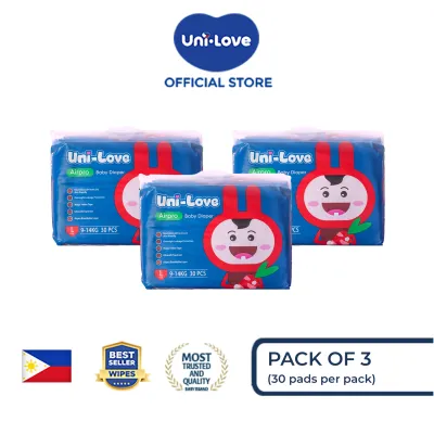Uni-Love Airpro Baby Diaper 30s (Large) x3 - Hypoallergenic | Super Absorbent | Ultrasoft | Neutralizes PH Level | Double Leakguard | Taped type | Breathable