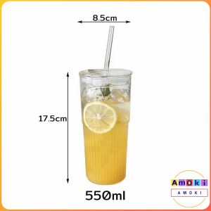 Amoki 550ml Creative Glass Water Cup with Straw and Lid Juice Milk Tea Coffee Cold Drink Mug