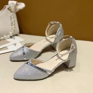 Women Pointed Sequin Wedding Shoes Womens Chunky Heels Bridesmaid High Heels Party Shoes Gold Heels for Women