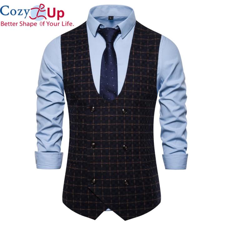 Cozy Up Men's Sleeveless Suit Vest British Style Double Breasted Check  Waistcoat Slim Fit Sleeveless Jacket Formal Business Gilet