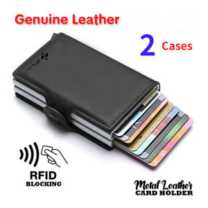 Kev Trend Genuine Leather RFID Wallet Double Metal Card Holder Double Layer Silng Card Case