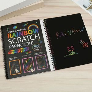 สมุดวาดภาพสายรุ้ง Scratch Paper สมุดสเก็ตช์ภาพสีดำเส้นสีรุ้ง สมุดขูดสีรุ้ง สมุดระบายสี แบบขูด สีสายรุ้ง