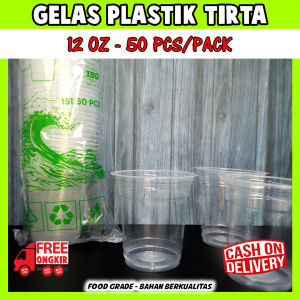 gelas plastik tirta 12 oz / gelas popice / Gelas plastik bening juice / jus / kopi / merk Tirta tebal premium datar 12 Oz isi 50 pcs berat +- 5 gram/pcs isi 50 pcs bisa utk di print sablon