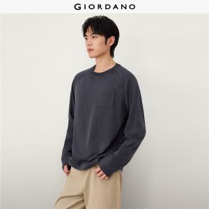 GIORDANO Men T-Shirts Curved Pocket Cotton-Blend Tee Crewneck Raglan Sleeve Fashionable Casual Loose T-Shirts 13026613