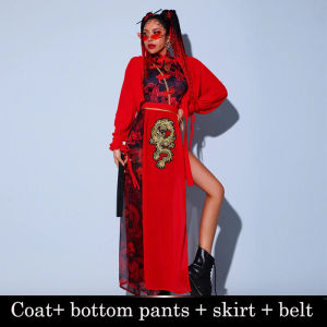 ชุดเทศกาลสีแดง เสื้อผ้าฮิปฮอปสำหรับผู้ใหญ่ ชุดเต้นโกโก้ ชุดการแสดงจีน สไตล์ผู้หญิง เสื้อผ้าการแสดงแจ๊ส