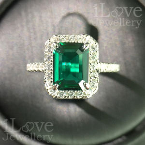 iLove Jewellery 925 Sterling Silver 18K White Gold Plated 1.8ct Green Lab Created Emerald + Cubic Zirconia Ring Engagement Luxury Jewelry Gifts Women Fashion ILR027