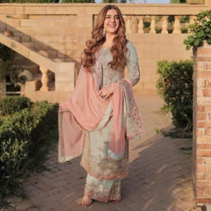 Pink & Sea Green Embroidery 3Pcs Suit For Women 003