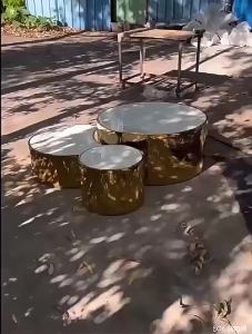 Luxury Round Glass Top Coffee Table Set Creative Three Sizes Glossy Matte Gold Stainless Steel Frame Marble Center Tea Table