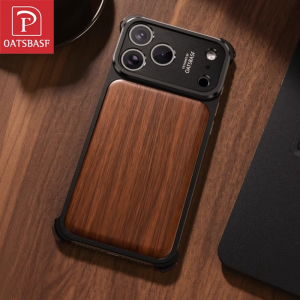 OATSBASF Metal Shockproof Mobile Phone Case Wood Back Panel Smooth Texture for IPhone 17Pro Max/17 Pro
