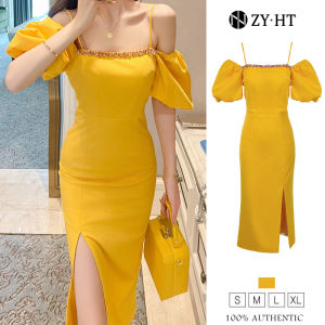 ZY.HT EraVogue เดรสผู้หญิง เดรสสีเหลือง เดรสปาดไหล่ เดรสแขนพอง เดรสทำงาน เดรสไฮโซ เดรสออกงาน เดรสไปงานแต่ง เดรสเซ็กซี่ เดรสฝรั่งเศส 20528