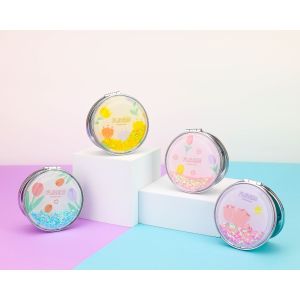 Tulip Flower Glitter Foldable Mini Pocket Makeup Mirror Round Portable Mirror Cosmetic with Flowing Sparkling Cermin 镜子