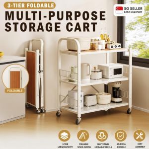 【Ship from SG】3-Tier Foldable Kitchen Storage Cart - Rolling Rack with Lockable Wheels Wooden Top No Installation