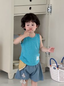 Boys striped vest and denim shorts set 2026 Summer baby clothes Korean-style childrens clothing childrens summer wear
