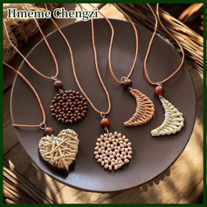 Hmeme Bohemian Handmade Wooden Straw Woven Heart Moon Long Pendant Necklaces Adjustable Rope Chain Chokers For Women Birthday Gift
