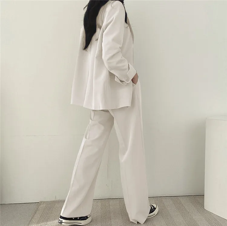 SINGREINY Autumn Senior Women Sets Print Suit Coat+High Waist Wide Leg Long Pants  Suits Office Lady Fashon Two Piece Suits Color: white, Size: XXL