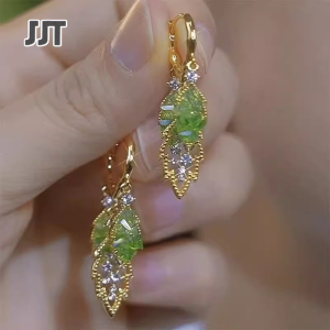 JJT Elegant Leaf Design Gold Plated Earrings with Green Gemstones and Sparkling Crystals for Women French Vintage Style