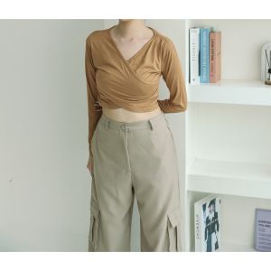 MC BJ1693 Atasan Baju Leher V Kaos Crop Top Lengan Panjang Model Neck Wanita Korean Fashion