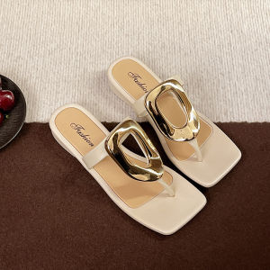 2025 New Square-Toe Open-Toe Flip-Flop Sandals For Outdoor Wear Versatile Casual Flat Sandals With Metal Buckle Niche Summer Breathable Design