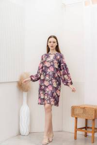 💐เดรสทรงหลวม (สีเทา) ลายดอกสีชมพู ดีไซน์สวยใส่สบายไม่เข้ารูป ชุดเดรสผู้หญิง แขนตุ๊กตา ปลายแขนแต่งจั๊ม พร้อมส่ง 🚚