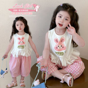 สาวสองชิ้นกระต่ายฤดูร้อนชุดเด็ก 2025 ถักไหมพรมเสื้อแขนกุดชุดกางเกงลายสก๊อต