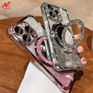 Plating Airbag Glitter Bracket for Magsafe Case for iPhone 15 16 Pro Max 15Plus Luxury Mirror Cover for iPhone 12 13 14 Pro Max