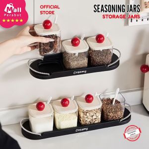 Mall Perabot Creamy | Botol Lada Plastik Set 3 In 1 dan Sendok | Wadah Bumbu Dapur Gula Garam Dinding | Seasoning Jars Set