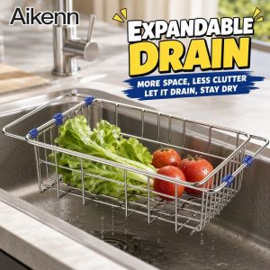 Sink Dish Rack Stainless Steel Expandable Retractable Drain Basket Drying Organizer For Kitchen Counter