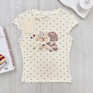 3 สี - เสื้อครอปคอกลมแขนเต่อ ลายจุด พิมพ์ลายน่ารักแต่งโบว์ที่อก งานน่ารัก ผ้านิ่ม เกาหลีสุดๆ G-rose (G034)
