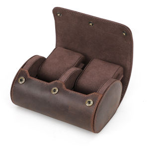CONTACTS FAMILY Genuine Leather 2 Slot Watch Roll Case Portable Travel Leather Watch Storage Box Watch Display Organizer With Slid In Out Pillow Coffee Black