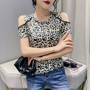 REHIN Womens top Summer new fashion bead strapless off shoulder short-sleeved T-shirt round neck Slim fit leopard print tide blouse