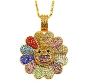 Kemstone Fashion Copper Alloy Rotatable Colorful Sunflower Cubic Zirconia Pendant Chain Necklace Jewelry for Men