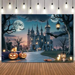 Background Halloween for Photography Night Dark Forest Castle Full Moon Pumpkin Lantern Bat Family Friends Party Photo Backdrops2026