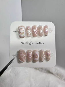 100% HANDMADE Short trapezoid Artificial Nails Art Sweet pink French nails hand painted Christmas nails pink Christmas tree nails Phototpy Fake Nail Press on Nail Reusable And Removable With Free Glue