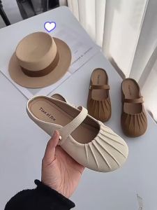 [Free Shipping] Soft-soled closed-toe slippers for women 2025 new versatile slip-on flat pleated half-slippers