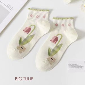 Sarung Kaki Pendek Wanita 1 Pair Thick Cotton Green Floral Series Summer Ankle Socks Korean Style Socks Women Short Stocking 短袜
