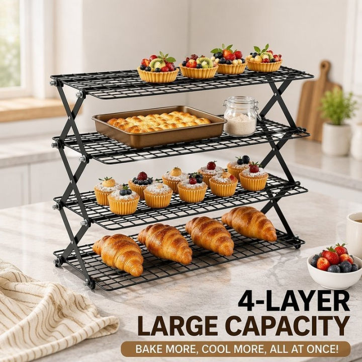 B-HQ Foldable Cooling Rack 4 Tier Iron Wire Baking Stand Cookie Bread ...