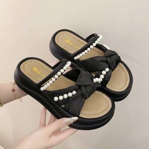 [Free Shipping] Thick-Soled Pearl Slippers For Women 2025 Summer New Style Flat Sandals With A Single-Strap Design