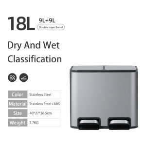 Vision 18L/24L Household Sorting Trash Cans High Capacity Kitchen Dry and Wet Recycle Bin with Lid Stainless Steel Double Bin Rubbish Bin Pedal Garbage Sorting Can with PP Inner Bucket