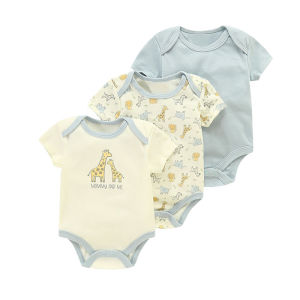 PAYI BABY-3PCS Baby Boy Onesies Infant Cotton Jumpsuit Short Sleeve Giraffe Animal Park Print Romper