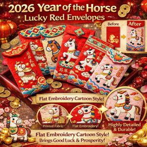 【3D Embossed Embroidery】2026 CNY Red Packet The Year of Fire Horse Ang Bao Cartoon Embroidered Lucky Red Packets Spring Festival Chinese New Year Lai See Cute Cartoon Design