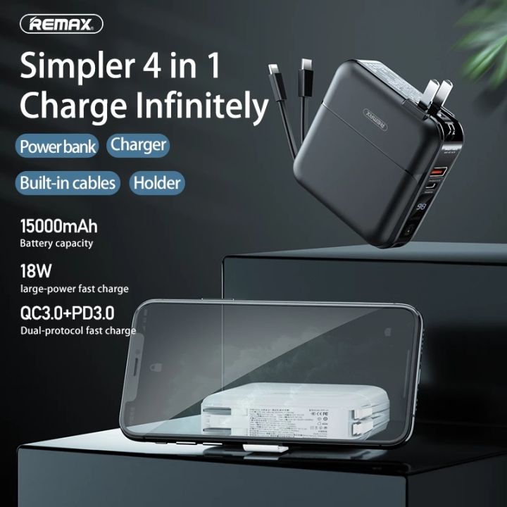 Remax Power Bank 15000mAh 18W PD3.0 QC3.0 Fast Charging Built in Cables ...