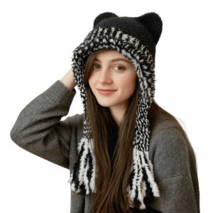 STARGOODS Cat Ears Ear Protection Hat Soft Korean Style Winter Pullover Hats Sweet Strap Design Knitted Warm Hat Autumn and Winter